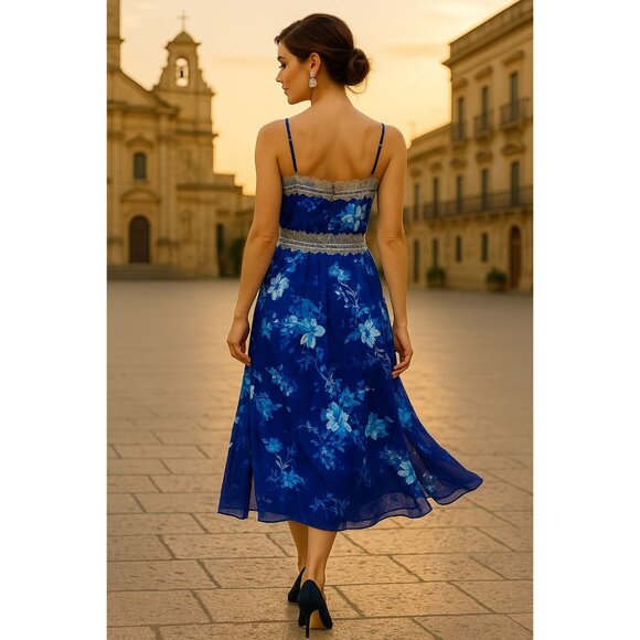 Twelfth Street by Cynthia Vincent Small Navy Floral Silk Maxi Dress Coastal Chic - Picture 4 of 16